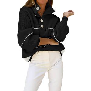 chouyatou Women's Slouchy Waffle Knit Sweater 1/2 Button Polo Collared Pullover Striped Sweater Tops (Small, Black)