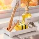 Minimalist Sink Caddy, Rustproof Sponge Holder for Kitchen Sink with 304 Stainless-Steel Brush Holder, Countertop Rack Organizer with Raised Ridges & Silicone Drain Tube (Cream White)