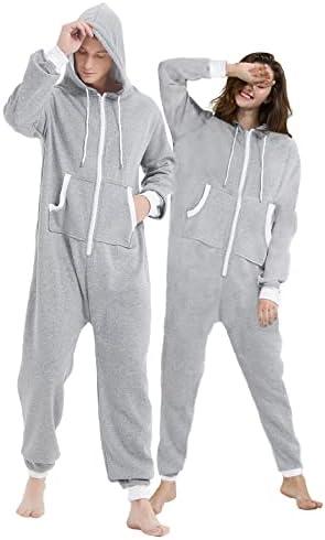 Kgromfy Adult Onesie Hooded Jumpsuit Family Couples Matching Pajamas Zipper Sleepwear One Piece Christmas Loungewear Light Grey Medium