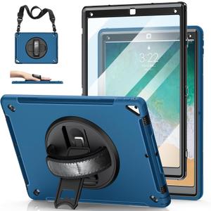 Case for iPad Pro 12.9 2nd Generation 2017& 2015 1st Generation, Heavy Duty TPU Protective Cover with Screen Protector- 360 Rotatable Stand + Handle Hand & Shoulder Strap + Pencil Holder- Blue
