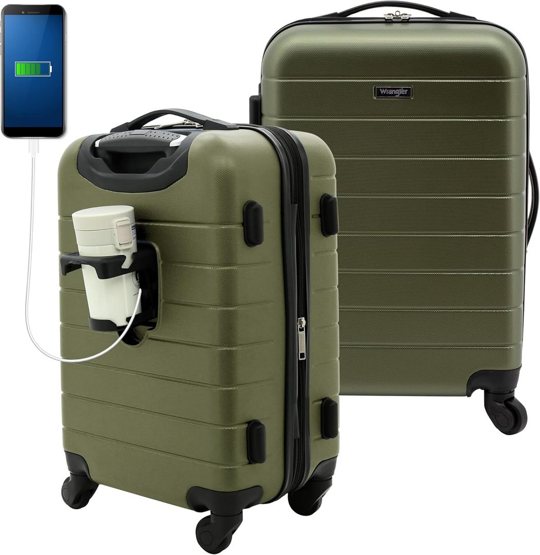 Wrangler Smart Spinner Hardside Luggage, 22-Inch Carry-On, Olive Green, Carry-on Only