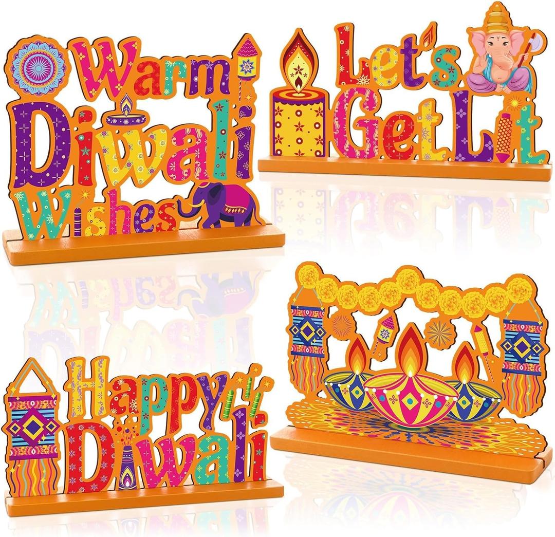 4PCS Diwali Decoration Wood Table Centerpiece for home Happy Diwali Let's Get Lit Warm Wishes Light Candle Henna Pattern Wooden Decor Happy Diwali Party Favors for Diwali Home Desktop Decorations