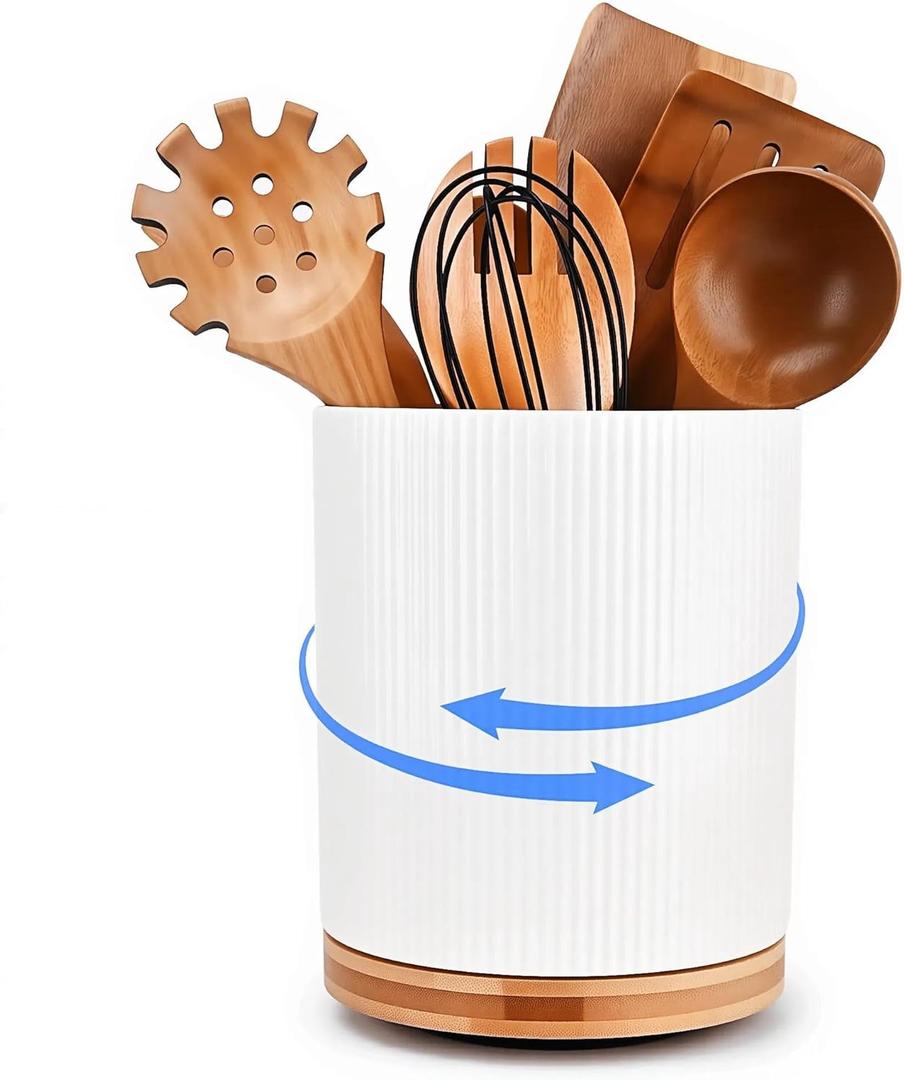 QUELIEN Utensil Holder, 360 Rotating Ceramic Kitchen Utensil Holder for Countertop, 7.7" Utensil Crock for Kitchen Counter with Rotatable Wooden Base,Ideal Housewarming Gift & Mothers Day Gift (white)