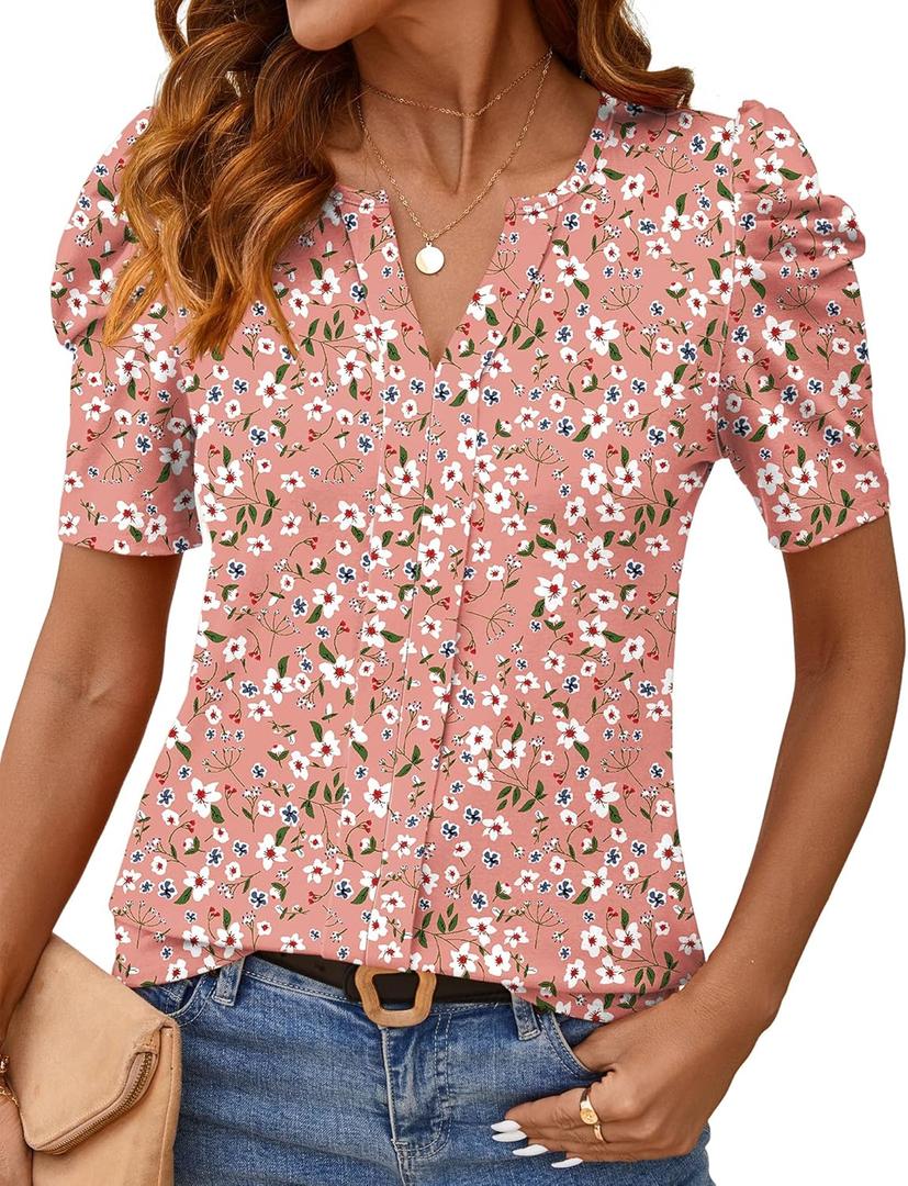 Rapbin Womens Summer Tops 2025 Puff Short Sleeve V Neck T Shirts Dressy Casual Spring Blouses for Women (Large, Pink White Floral)