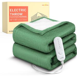 HOMLYNS LuxeHeat Heated Blanket Throw, Soft Flannel Sherpa, Electric Blanket 5 Heat Settings, Fast Heating, Heating Throw Blanket 3 Hours Timer Auto Shut Off, Machine Washable, 5060 Inches, Green