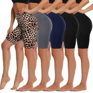 5 Pack Biker Shorts Women - 5"/8" High Waist Spandex Workout Yoga Running Athletic(Black/Black/Grey/Navy/Leopard,Plus) Size L. XL