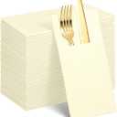 60 Pcs Ivory Linen-Feel Paper Napkins with Built-in Flatware Pocket, Beige Pocket Linen Napkin Prefolded Cloth Like Paper Cream Napkins Bulk for Silverware Birthday Reception Bathroom Weddings Party