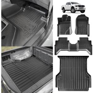 TripleAliners Truck Bed Mat & Floor Mats Front Rear Full Set Compatible with Ford Ranger 2024-2025 SuperCrew Accessories All Weather TPE Truck Liner Custom Fit (5FT Truck Bed Mat+Floor Mats)