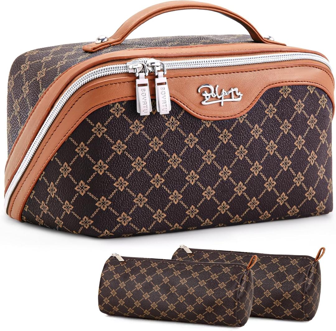 BOYATU Travel Makeup Bag Cosmetic Bags for Women: 3 Pcs Set Large Portable Make up Bag with Handle - Vegan Leather Toiletry Bags with Compartments - Makeup Organizer for Travel Essentials(A-1-Coffee)