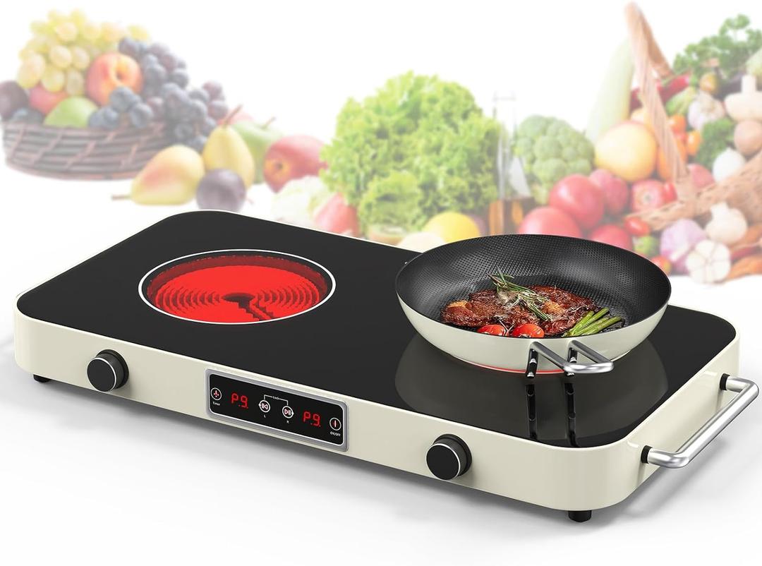 Electric Cooktop, 2200W 110V Electric burner, Electric Stove Top with 2 Handle, 2 Burner Electric Cooktop with 9 Power Settings,Knob Control Child Safety Lock & Timer. (2 Burner Electric Cooktop)