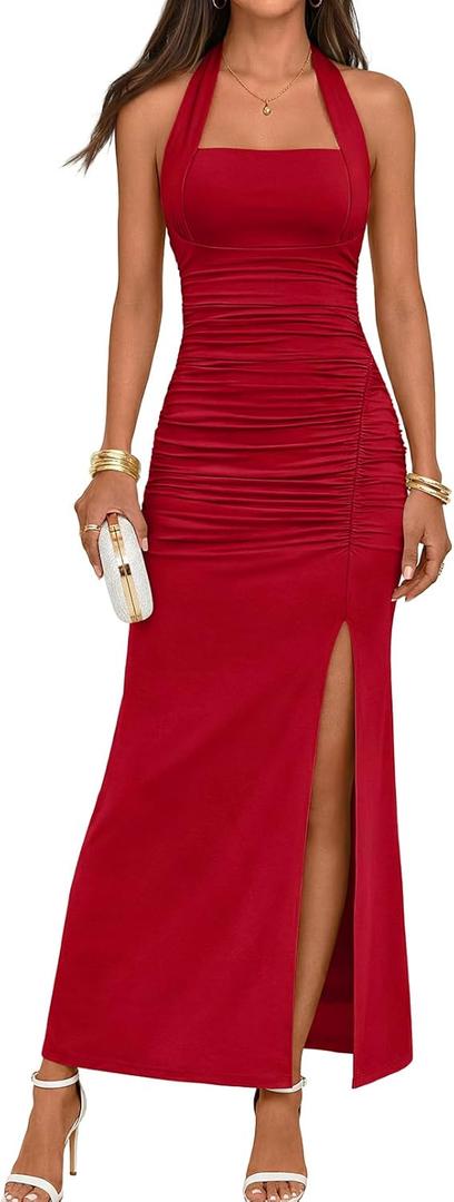 MEROKEETY Women's Wedding Guest Dress Summer Sleeveless Halter Backless Slit Ruched Beach Cocktail Formal Maxi Dresses (Large, Red)