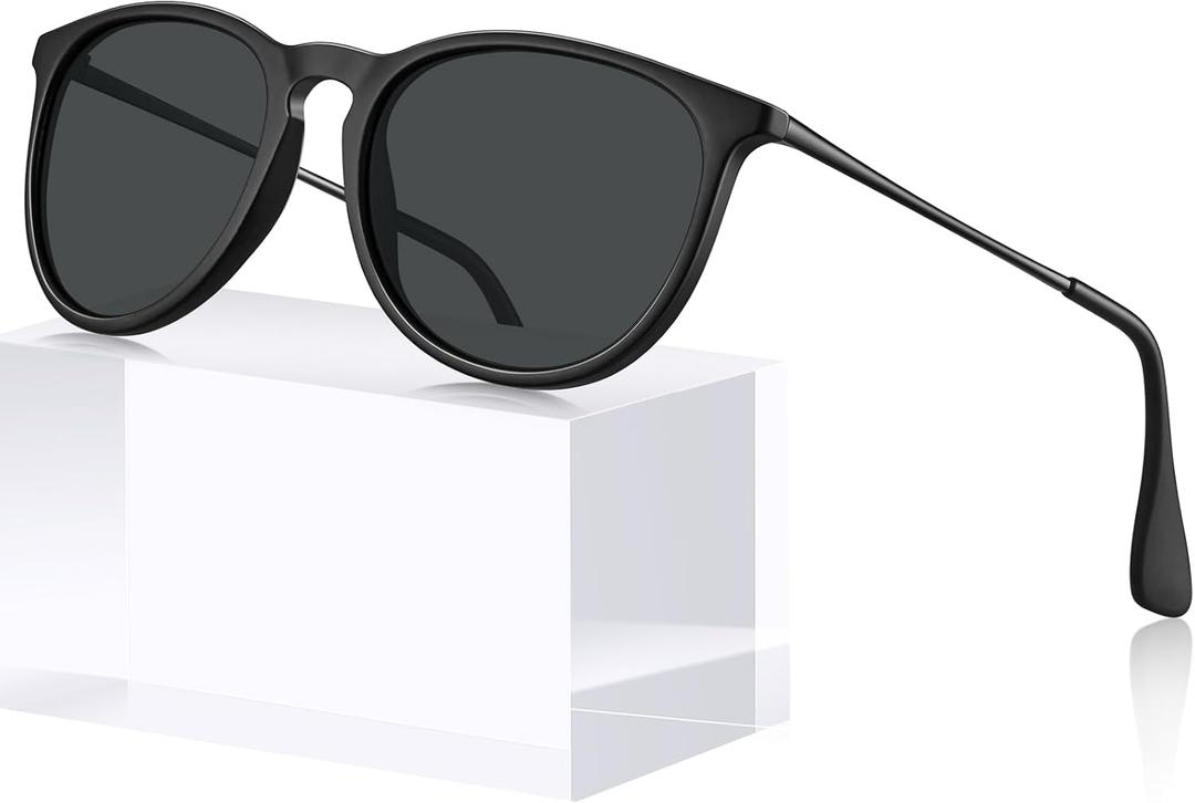 STGATN Vintage Round Sunglasses for Women Polarized UV Protection, Trendy Retro Designer Style ST028 (2. Matte Black Frame Grey Lens)