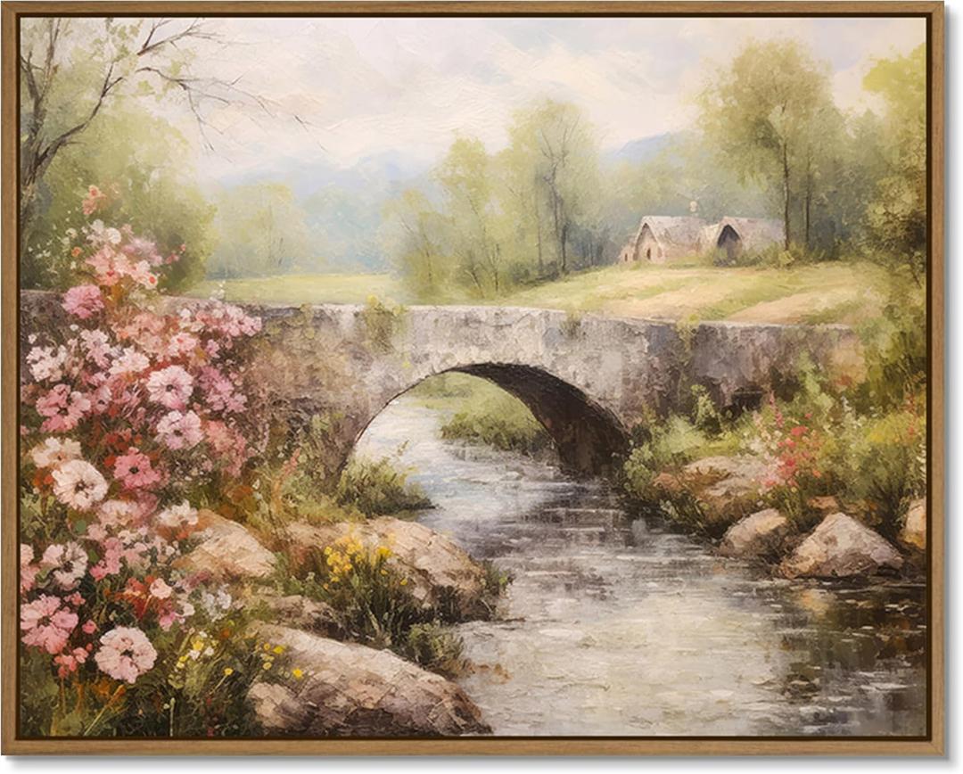 Gardenia Art Framed Country Landscape Wall Art Prints Mountain Bridge River with Blooming Flowers Wall Pictures Spring Scene Canvas Painting Nature View Artwork for Farmhouse Bedroom Home Office Decor (16"L x 12"W)