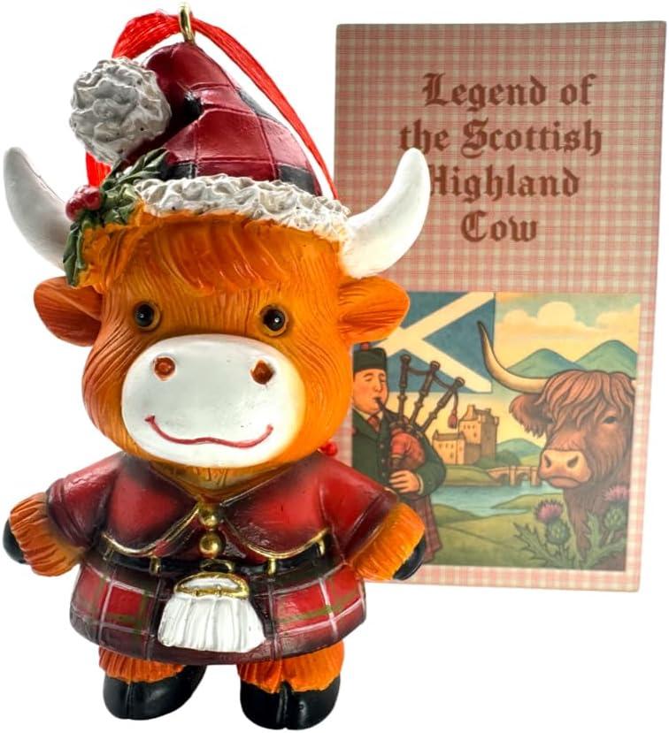 Highland Cow Ornament Scottish Christmas Tree Decoration Cattle with Kilt and Santa Hat Scotland Souvenir Holiday Home Decor
