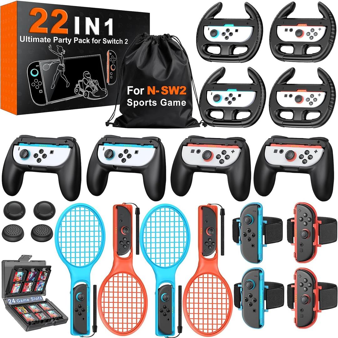 Switch 2 Sports Accessories Bundle 22 in 1 Family Party Kit for Nintendo Switch 2 Only, with Tennis Rackets, Steering Wheels, Wrist Straps, Grips, Joystick Caps, Card Case & Storage Bag