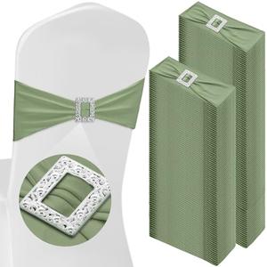 VitalCozy 150 Pcs Spandex Chair Sashes with Square Buckle Slider Stretch Chair Cover Band Universal Elastic Ties Straps Bows for Wedding Banquet Event Party Decoration(Sage Green)