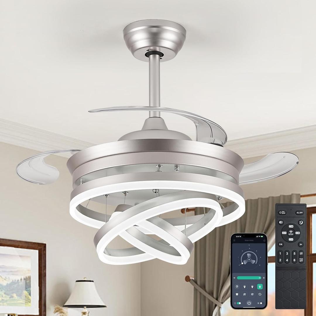 42" Modern Retractable Ceiling Fan with Lights, Fandelier Ceiling Fan with LED Light and Remote&App Control, 6 Speed Reversible 3CCT Chandelier Fan for Bedroom Living Room Dining Room Silver