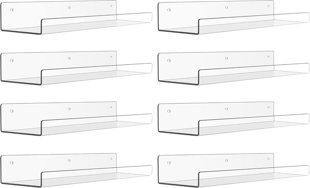 upsimples 8 Pack Acrylic Shelves for Wall Storage, 15" Floating Bookshelves for Kids, Display Shelf Organizer for Bathroom, Bedroom, Living Room Decor, Kitchen, Clear