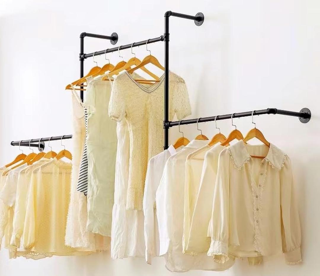 Industrial Pipe Clothing Rack Wall Garment Rack with Pipe Clothes Rails, Heavy Duty Clothes Hanging Rods Space-Saving Closet Organizer (Wall Clothing Rack-3 Hanging Rods)