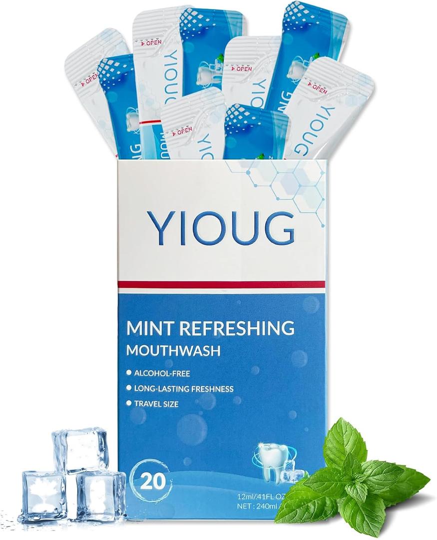 Travel Mouthwash Packets to Go, Alcohol Free, Mint Mouth Wash for Adults, Long-Lasting Freshness - 20 Individually Wrapped Mints & Breath Strips with Xylitol, Purse Mini Essentials