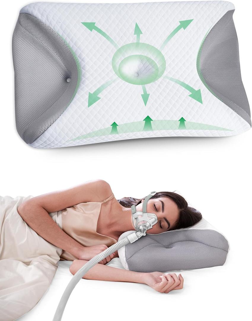 Cervical Neck CPAP Pillow for Side Sleepers Ergonomic Memory Foam Bed Pillow for Neck Pain Relief with Mask Cutouts to Reduce Air Leaks & Facial Pressure, Fits All CPAP Mask Types