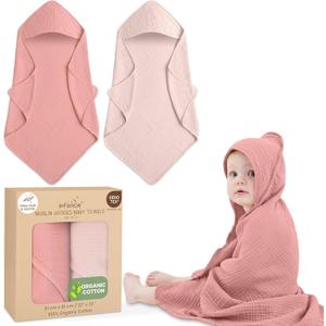 Organic Cotton Muslin Baby Hooded Towels - 32x32 Inch, 2 Pack Newborn Bath Towels for Boys & Girls, Soft & Absorbent Bath Set (Rose/Peach)