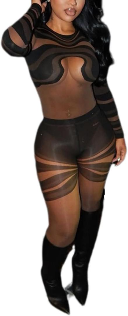 Sexy Jumpsuits for Women Print See Through Long Sleeve Jumpsuit Bodycon Mesh Jumpsuit Party Club Outfits (Small, Black)