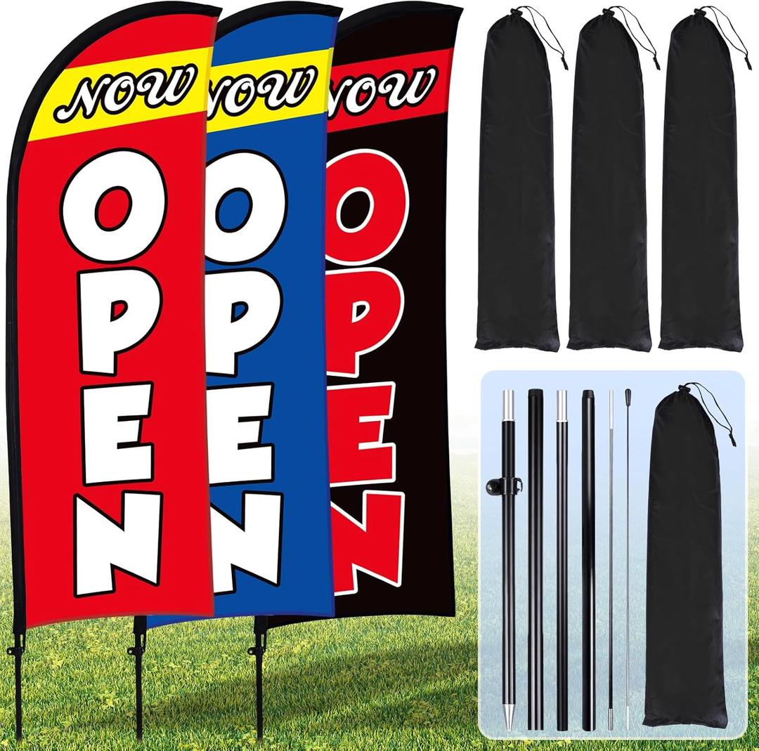 Buryeah 3 Sets Now Open Feather Flag Pole Kit for Business Advertising 7 ft Open Flag Banner Sign with Pole Kit Ground Stake and Portable Bag for Outside Ground (Multicolor)