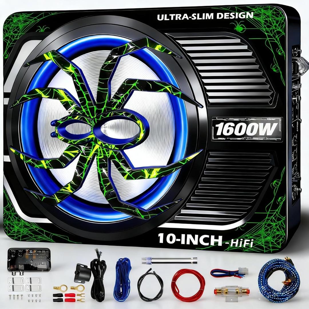 2026 Upgraded 1600W Car Subwoofer, 10" Ultra-Thin Under-Seat Sub with Built-in Amplifier, (LPF/Gain/Bass Boost) LED Ambient Lights, Independent Bass Knob, Distortion-Free Deep Bass
