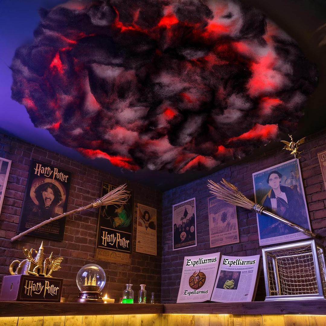 RoundFunny 3.3 ft Halloween Cotton Cloud for Ceiling Artificial Cloud Prop Decoration Hanging Decor with LED String Light for Holiday Party Room Stage Magic Horror School Classroom Supplies