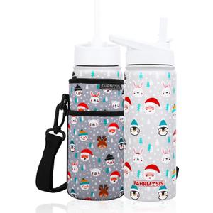 FAHRMOSIS 18 OZ Kids Water Bottle with Carrier Bag & Strap Leak Proof Metal Insulated Stainless Steel Tumbler with 2 Lids (Flip & Spout) for School & Sports Water Bottle with Straw - White (Winter)