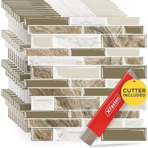 XFasten Backsplash Tile for Kitchen Peel and Stick 10 pcs 12” x 12” w/ Mini Cutter Brown Kitchen Back Splash Sticky Tiles | Peel and Stick Backsplash for Kitchen and Bathroom | Backsplash Wall Tiles