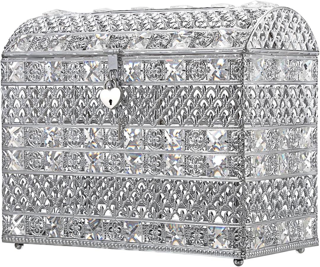 ELLDOO Crystal Wedding Card Box with Heart Lock, Vintage Money Card Box Treasure Chest Style Silver Gift for Wedding Receptions, Centerpiece Decor, Anniversary Keepsake, Gift, Large Size