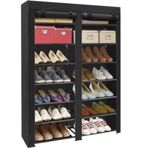 ERONE Shoe Rack Storage Organize, 28 Pairs Portable Double Row with Nonwoven Fabric Cover Shoe Shelf Cabinet for Closet (Black)