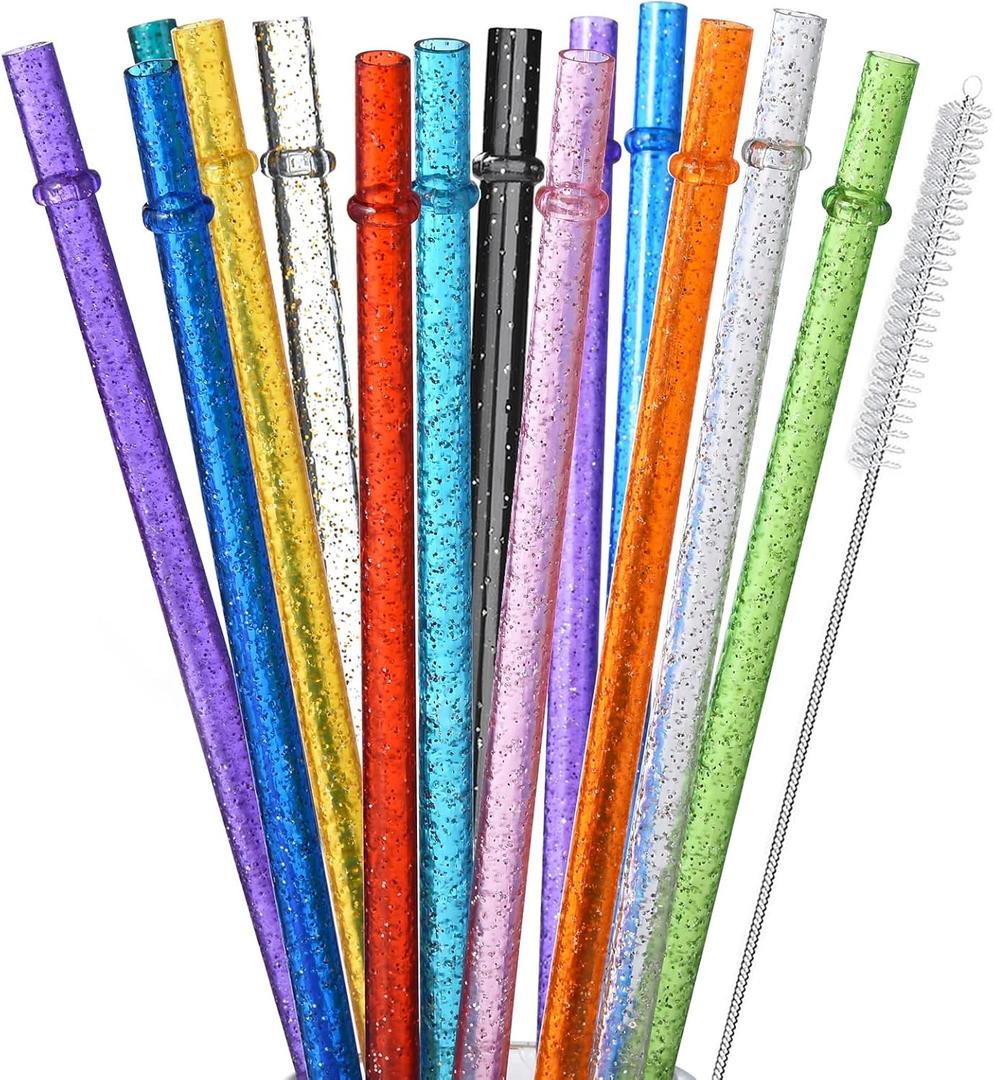 ALINK 12-Pack Reusable Glitter Straws, 13 inch Extra Long Hard Plastic Tumbler Straws for Stanley Cups, 64 oz 40 oz 32 oz Tumblers, Yeti, Mason Jar, Gallon Jug with Brush - Assroted Colored