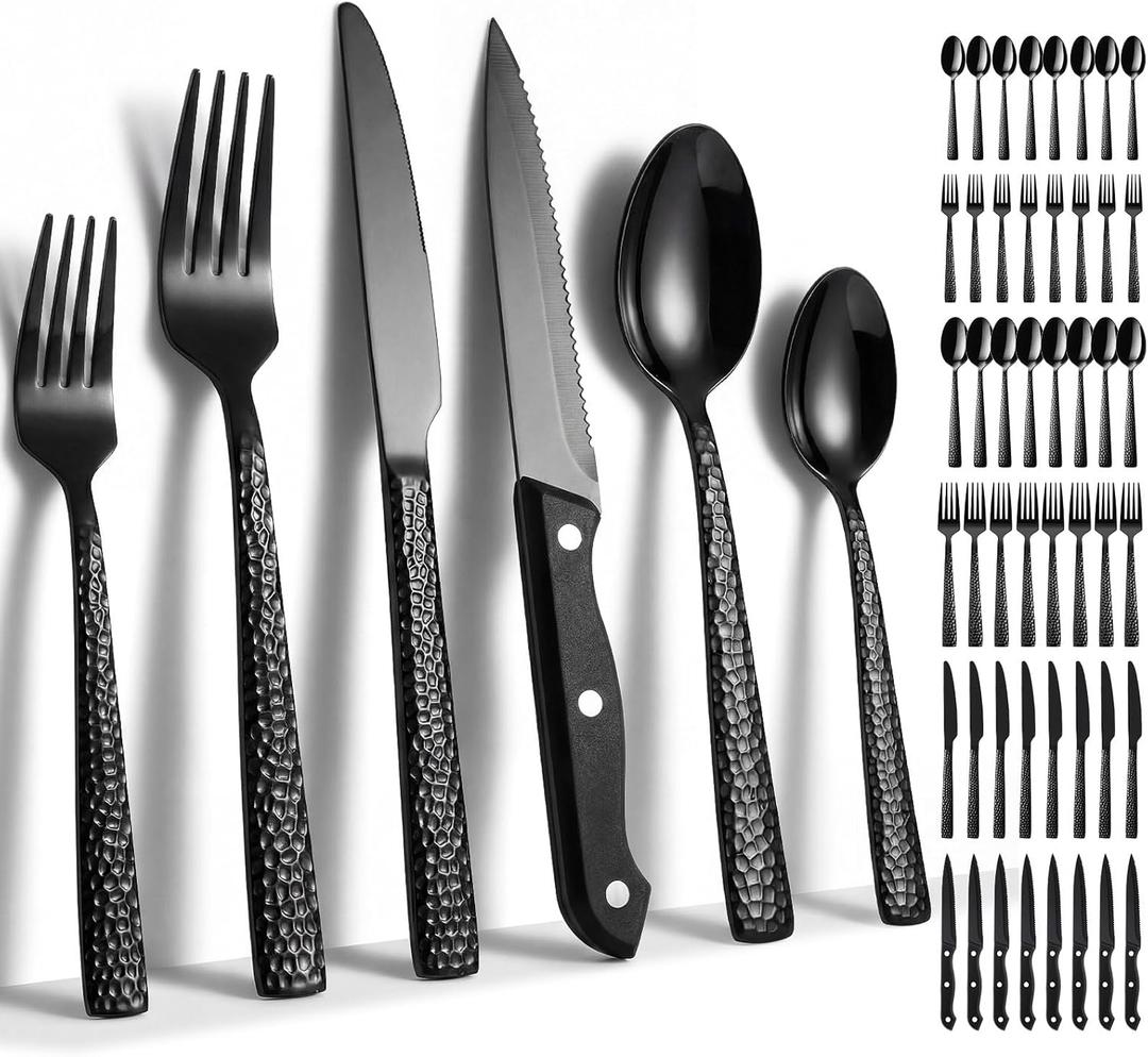 48 Pcs Black Hammered Silverware Set with Steak Knives Stainless Steel Flatware Set for 8 Vintage Metal Tableware Serving Utensils Mirror Polished Cutlery Dishwasher Safe for Restaurant