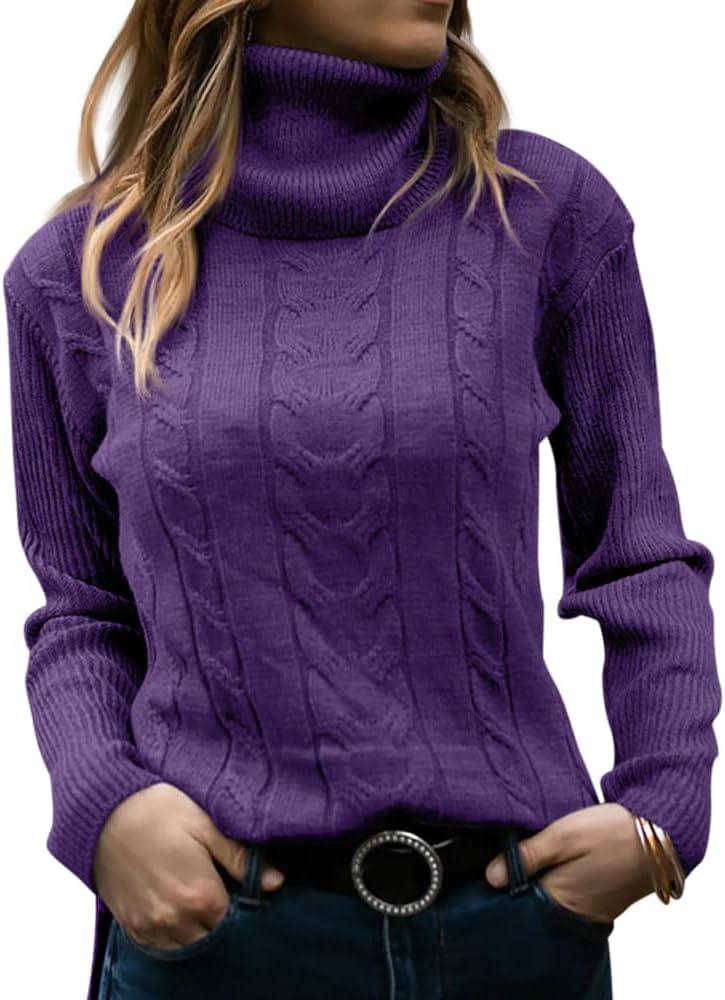 Langwyqu Womens' Turtleneck Long Sleeve Cable Knit Sweaters (Medium, Purple)