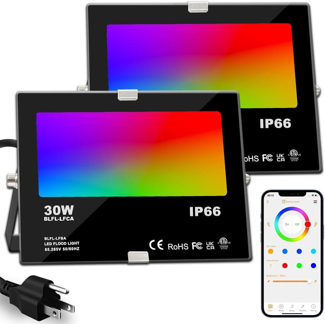ILC LED Flood Light 30W Outdoor RGB Color Changing, Smart Floodlights RGBW 2700K Warm White & 16 Million Colors, 20 Modes, Grouping, Timing, IP66 Waterproof (2 Pack)
