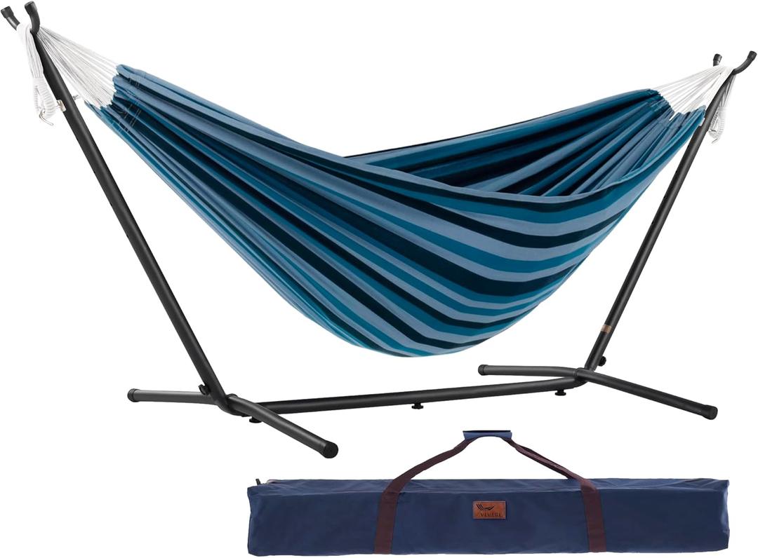 Vivere Double Cotton Hammock with Space Saving Steel Stand, Upgraded Polyester End Strings 450 lb Capacity - Premium Carry Bag Included - USA Grown Cotton (Blue Lagoon)