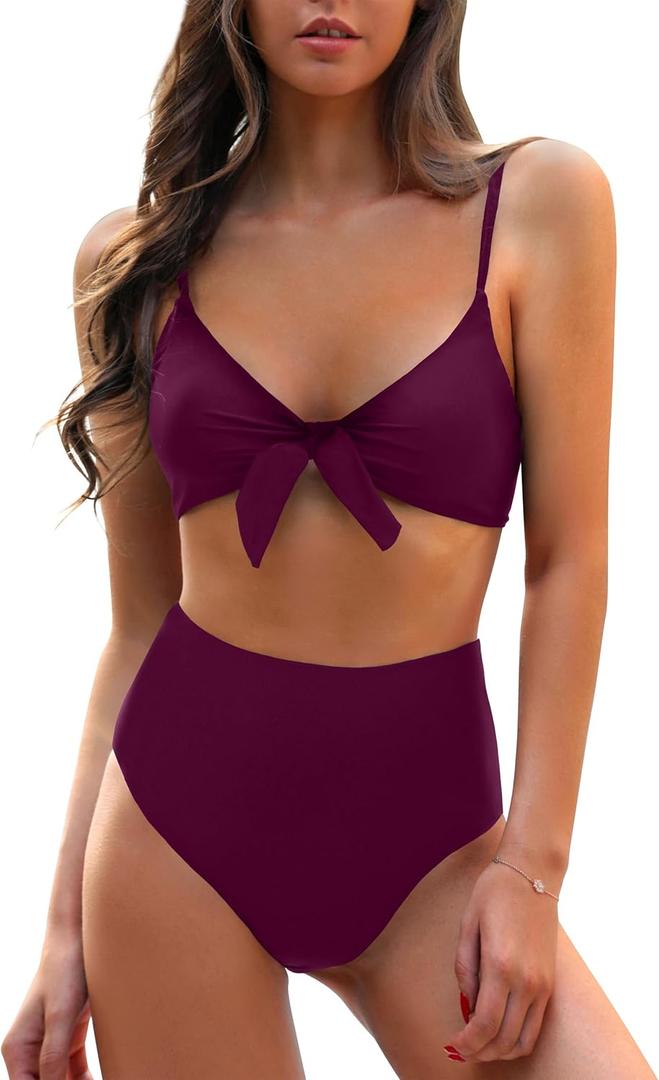 Blooming Jelly Womens High Waisted Bikini Set Tie Knot High Rise Two Piece Swimsuits Bathing Suits (Large, Dark Purple)
