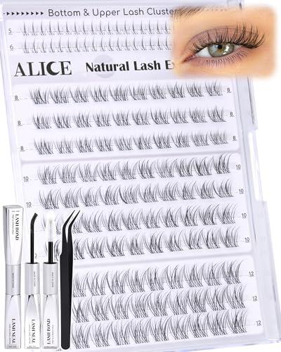ALICE Short Lash Clusters Kit 8mm-10mm-12mm Natural Clear Band Cluster Eyelash Extension Kit Wispy Eyelash Clusters Kit with Bottom Lashes Bond and Seal DIY at Home