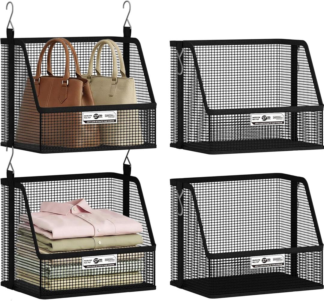 STORAGE MANIAC 2 Tier Hanging Closet Organizer with Mesh Baskets, Clothes Hanging Shelves, Foldable Stackable Storage, Space-Saving Collapsible Basket with Hooks for RV, Dorm, Bedroom, College, Black