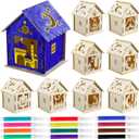 Wenqik 9 Pcs Eid Mubarak Wooden House with 12 Watercolor Pens DIY Graffiti Crafts Ramadan Decorations Wooden Eid Houses for Kids Paint Project Party Supplies Decorations
