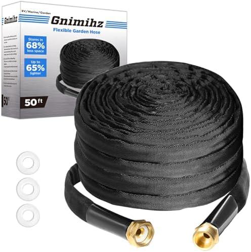 Gnimihz Garden Hose 50ft, Made of TPE(Not PVC), Ultra-Light & Flexible Water Hose with Solid Brass Fittings, Non-Shrinking, Easy to Storage, Drinking Water Safe Material, All-weather, Black, Newbox