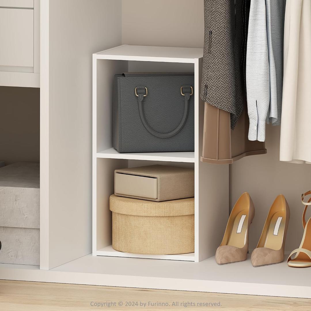 Furinno Reed Closet Organizers and Storage, 2-Tier Closet Organizer, Open Shelf Closet Storage, for Wardrobe, Bedroom, Living Room, White, 2-Tier; 12" W