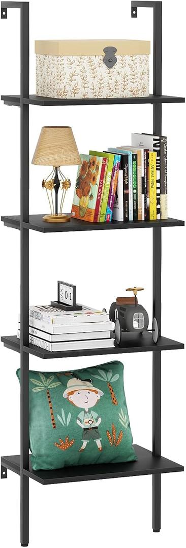 Ladder Shelf 4 Tiers Metal Industrial Bookshelf,Black Wooden Tall Open Storage Rack and Display Shelves,Wall Mount Wide Book Case for Home Office Bedroom,Small (1 PC 15.7IN)