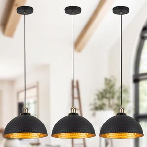 12" Industrial Black Gold Pendant Lights Vintage Dome Pendant Light Fixtures with Golden Finish Rustic Farmhouse Black Pendant Lights for Kitchen Island, Dining Room, Bedroom