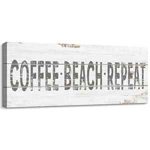 Retro Coffee Beach Repeat Sign Shabby Chic Coastal Bar Decor Inspirational Words Prints on Wood Grain Canvas Country Seaside Coffee Shop Pub Store Decoration Summer Beach House Supplies 6x17inch