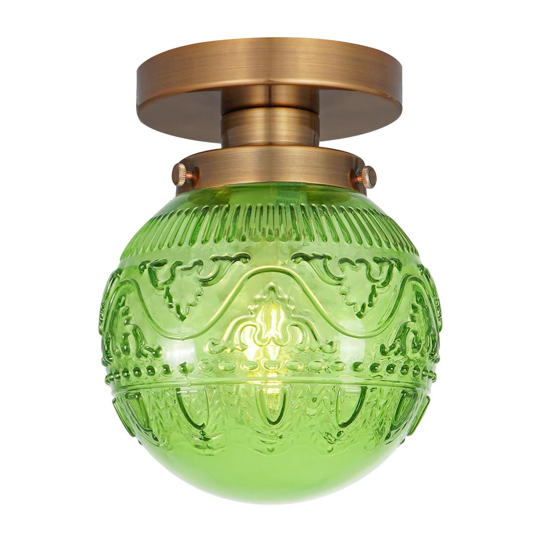 Green Globe Glass Semi Flush Mount Small Hall Ceiling Light, Modern Gold Lighting for Kitchen, Bedroom, Hallway, Porch
