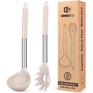Silicone Pasta Fork and Ladle Spoon Set, Large Non Stick Kitchen Utensils for Cooking,Stirring,Serving Spaghetti, Soup, Sauce (KHAKI)